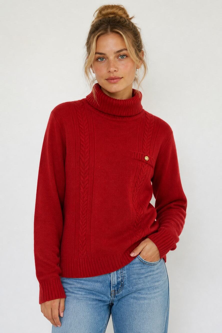 SK & Company Women's Red Angora Wool Cable Knit Turtleneck Sweater M